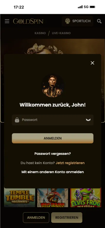 Anmeldung bei der GoldSpin-App