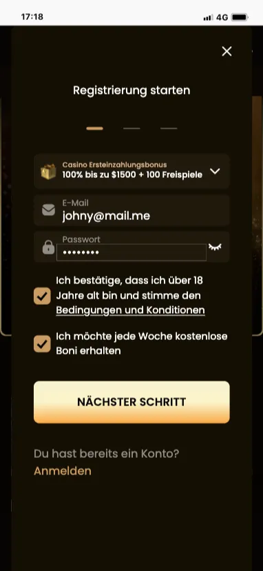 GoldSpin App Registrierungsseite
